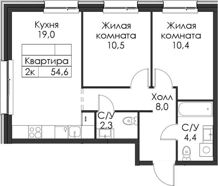 2-комнатная квартира 54.6 м², 3/8 эт., ЖК «Шкиперский 19»